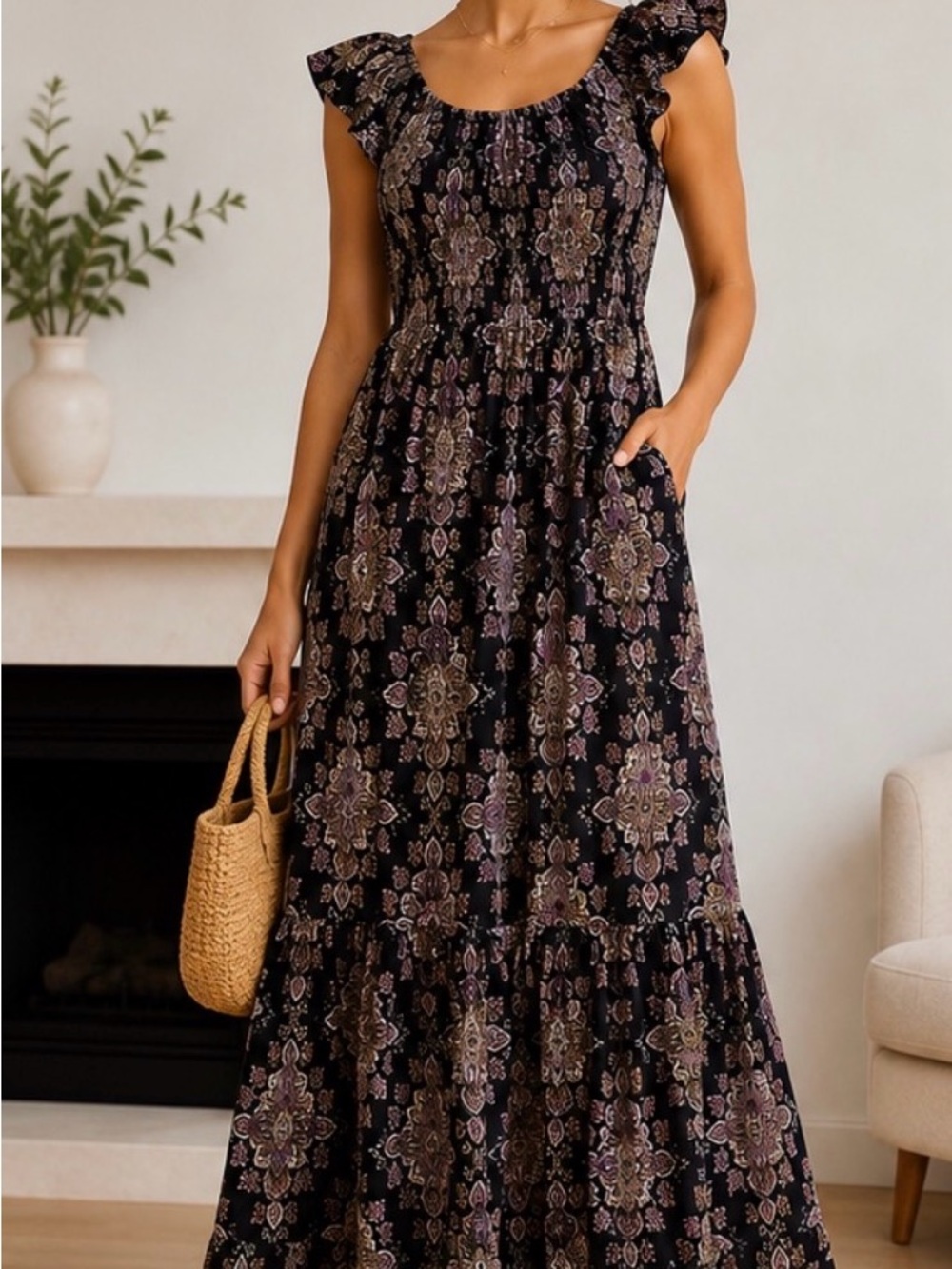 Floral Maxi Sundress with Ruffle Sleeves - Black